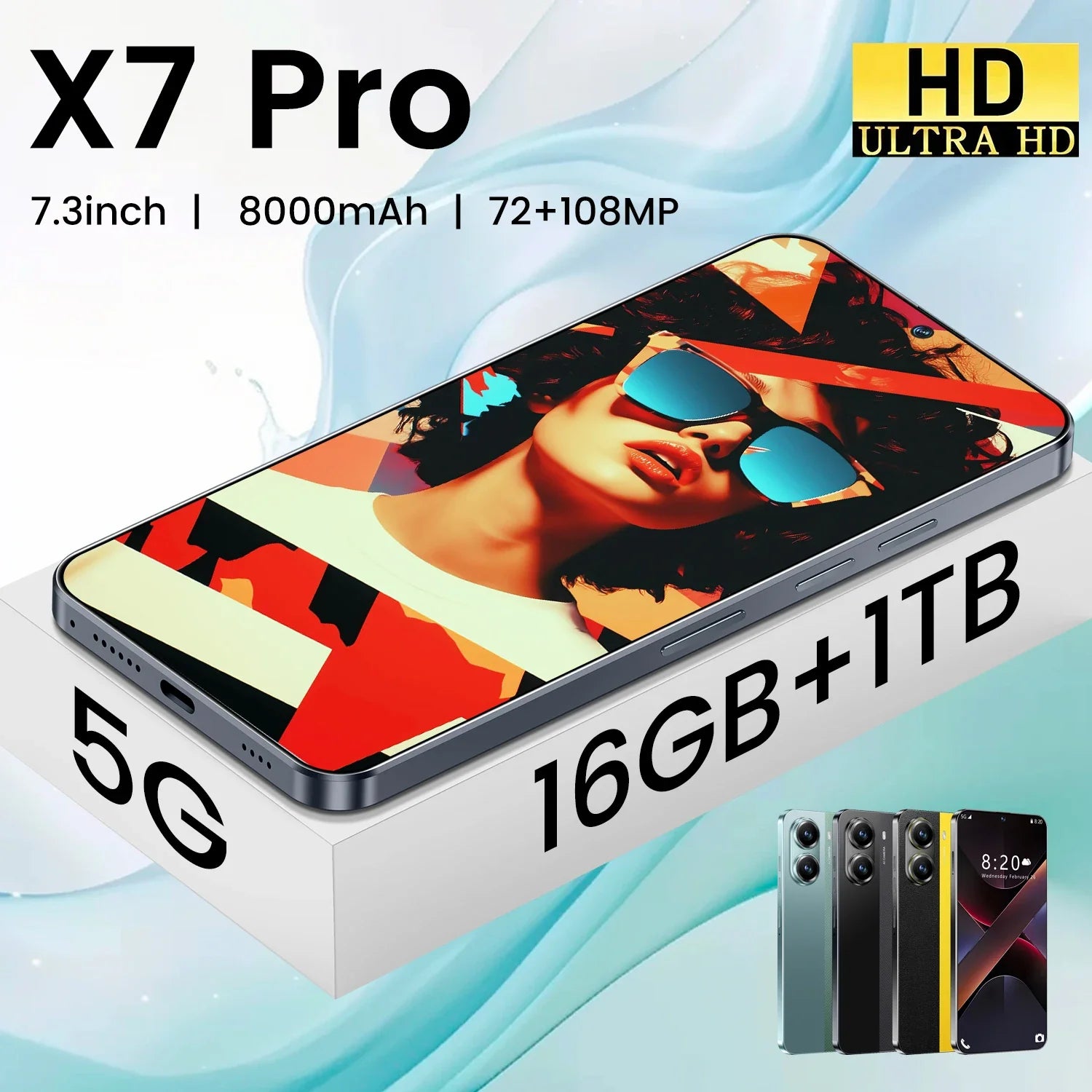 High Quality X7 Pro 16+1TB Smartphone 7.3 Inch Big Screen Android 14 Cellphones Mobile