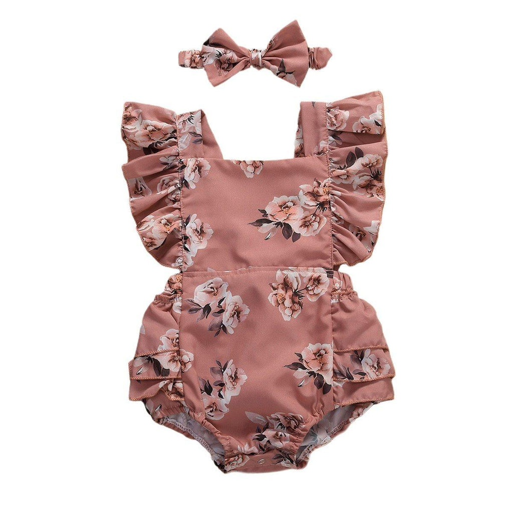 Baby Summer Clothing Infant Newborn Baby Girl Floral Romper Sleeveless Ruffled Jumpsuits With Headband