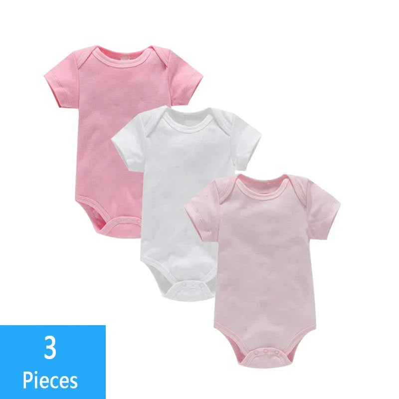 3PCS Baby Bodysuit Set (0–12M) – Soft Cotton Solid Color Summer Rompers for Boys & Girls