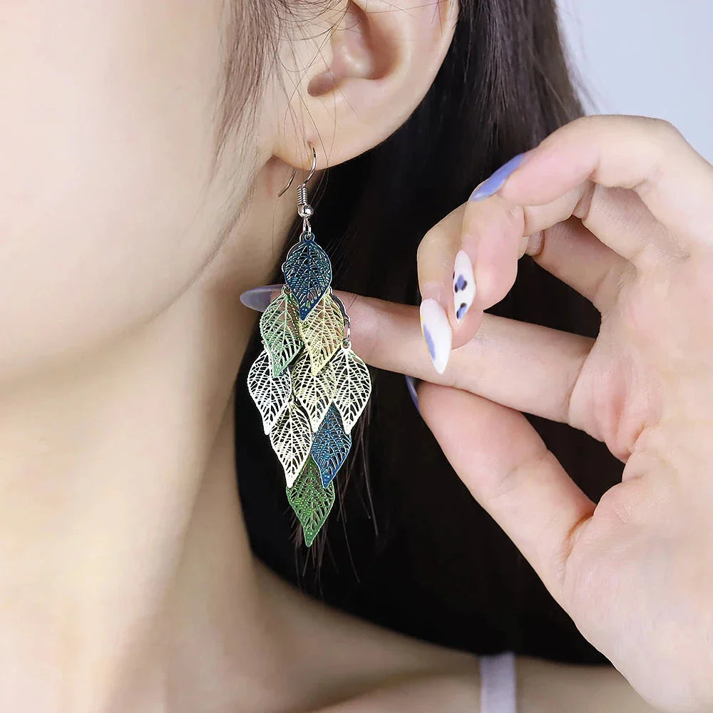 Ethnic Nine-Leaf Drop Earrings – Bohemian Dangle Jewelry for Women