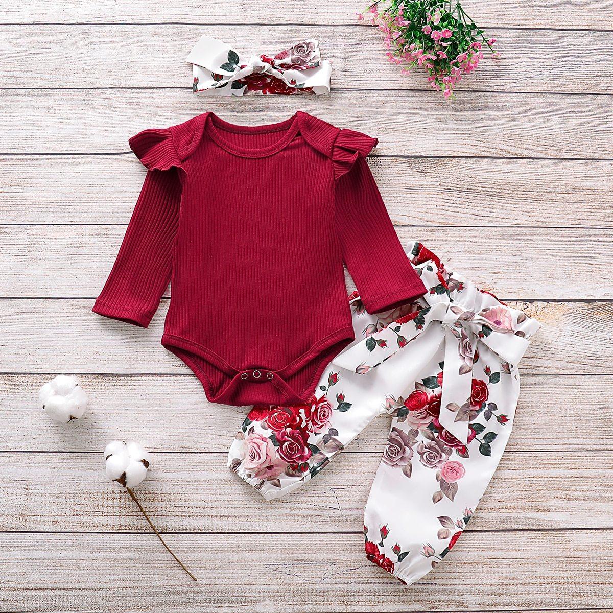Newborn Baby Girl Clothes Knitting Cotton Long Sleeve  Tops Flower Print Long Pants Headband