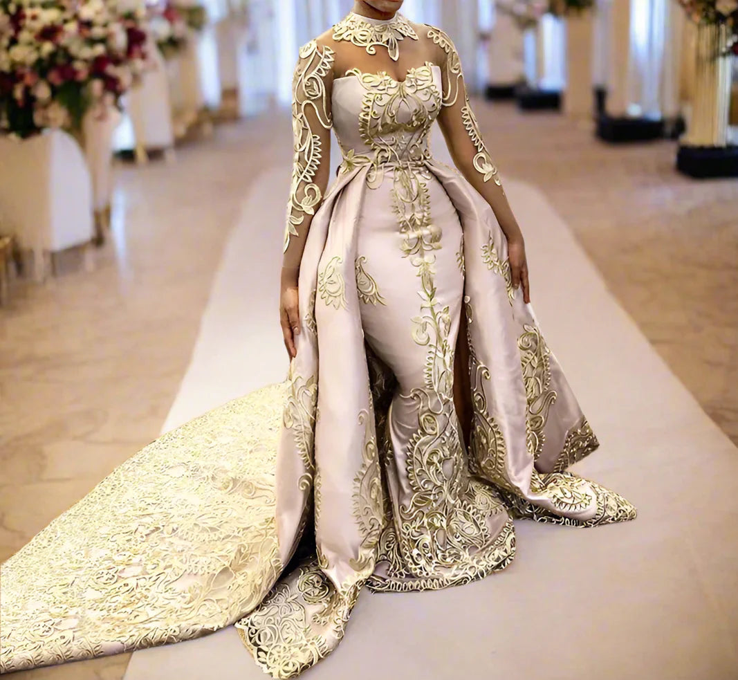 2 Piece Evening See Thru Long Sleeved Gold Lace Mermaid Formal Gown Dress - Customized