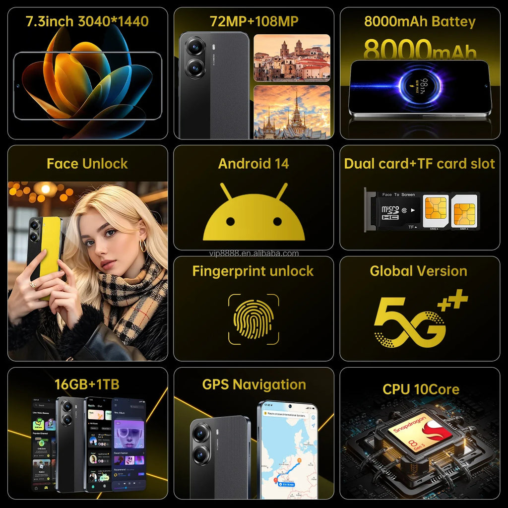 High Quality X7 Pro 16+1TB Smartphone 7.3 Inch Big Screen Android 14 Cellphones Mobile