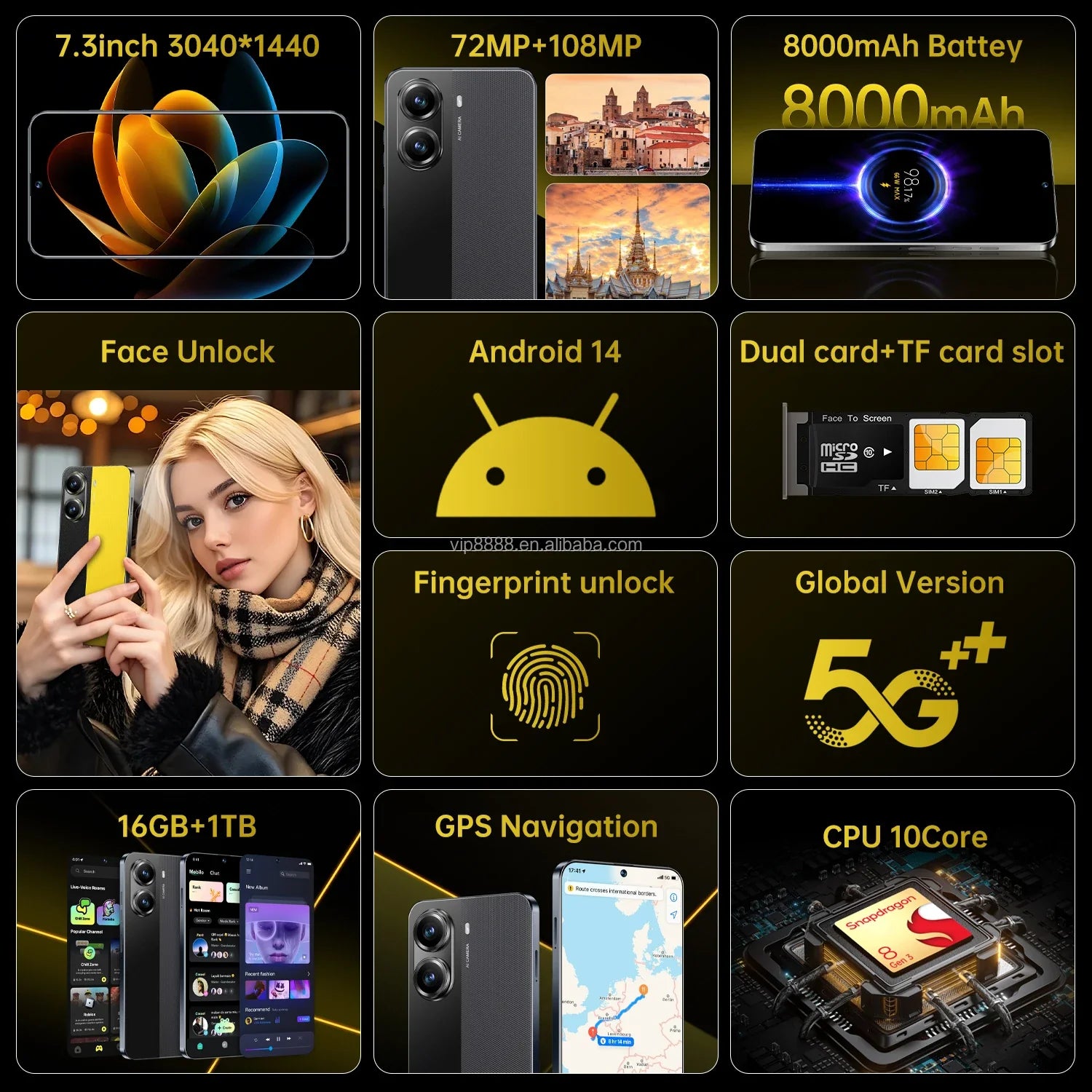 High Quality X7 Pro 16+1TB Smartphone 7.3 Inch Big Screen Android 14 Cellphones Mobile