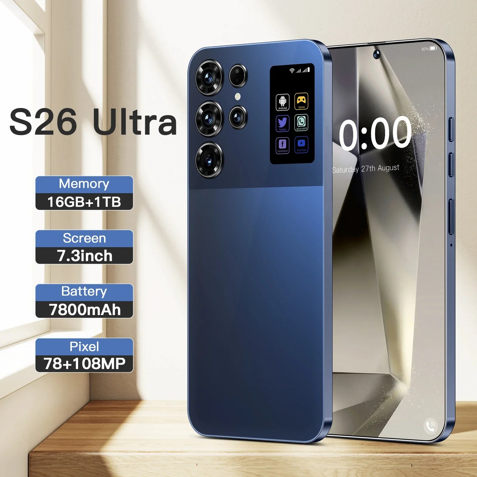 2025 New Original S26 Ultra 5G Smartphone 7.3 Inch HD 16GB+1TB Dual Card Unlocked Android 14.0 Deca Core Global Version Spanish
