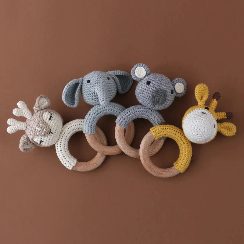 BPA Free Baby Wooden Teether Crochet Rattle Toy for Newborns