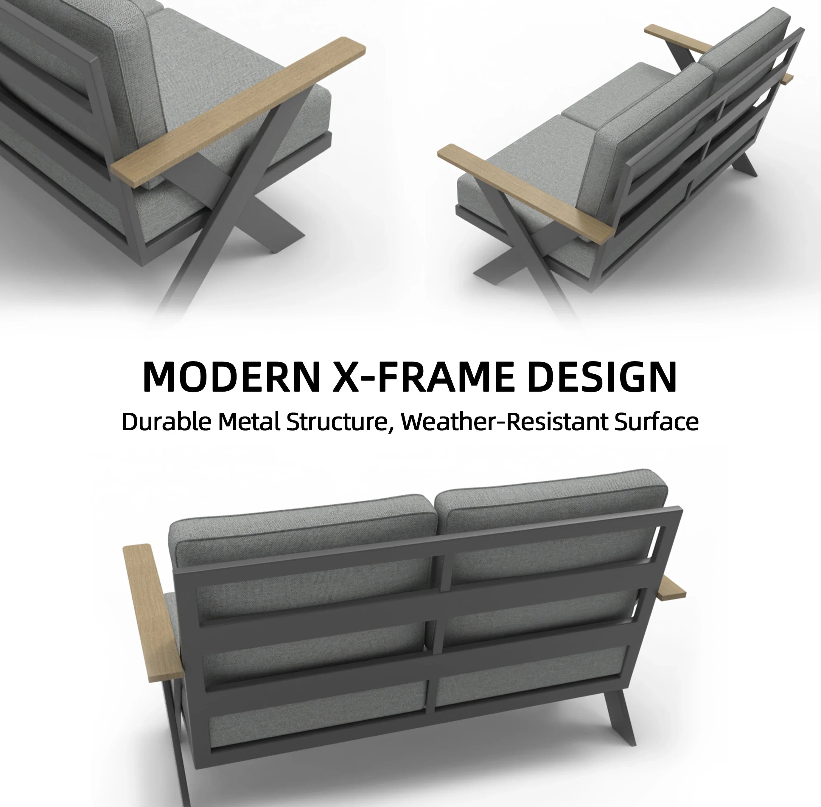 Modern All-Aluminum Outdoor Modular Sofa Set with X-Frame Design and Dining Table Freely Combinable for Farmhouse & Courtyard