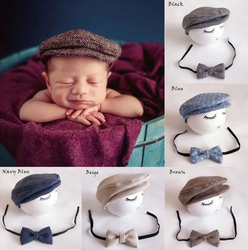 Modern Set Baby Newborn Peaked Beanie Cap Hat Bow Tie Photo Photography Prop Infant Boy Caps In elegant Modern Design