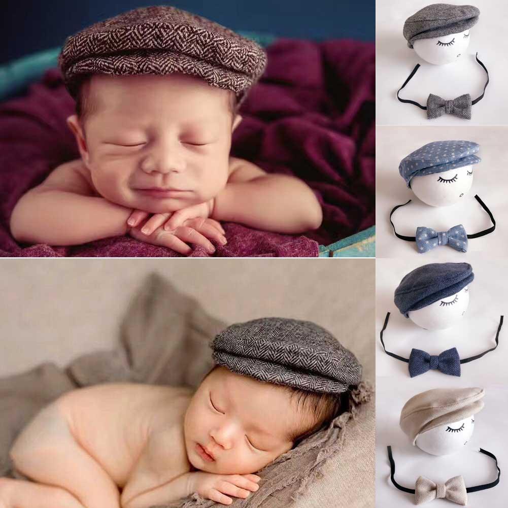Modern Set Baby Newborn Peaked Beanie Cap Hat Bow Tie Photo Photography Prop Infant Boy Caps In elegant Modern Design