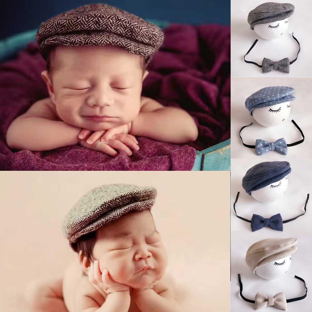 Modern Set Baby Newborn Peaked Beanie Cap Hat Bow Tie Photo Photography Prop Infant Boy Caps In elegant Modern Design