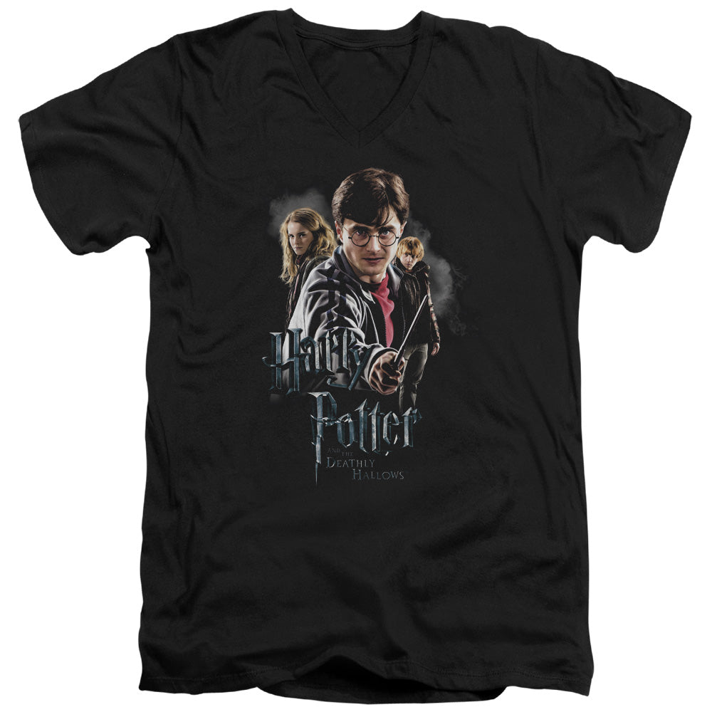 Harry Potter Deathly Hollows Cast Mens Slim Fit V-Neck T Shirt Black Officially Licensed