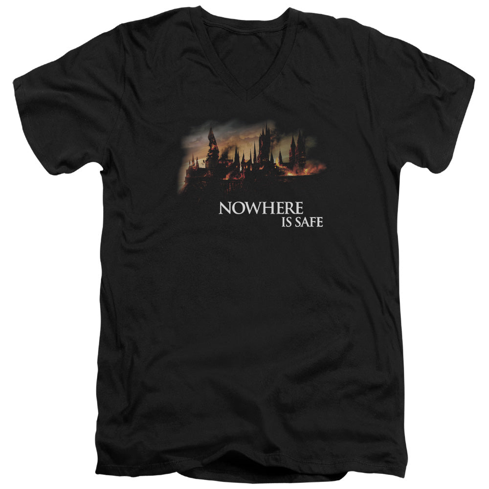 Harry Potter Burning Hogwarts Mens Slim Fit V-Neck T Shirt Black Officially Licensed