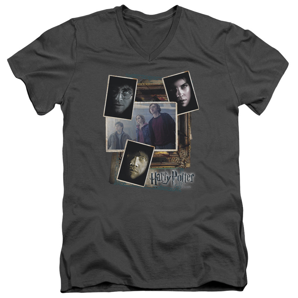 Harry Potter Trio Collage Mens Slim Fit V-Neck T Shirt Charcoal Officially Licensed