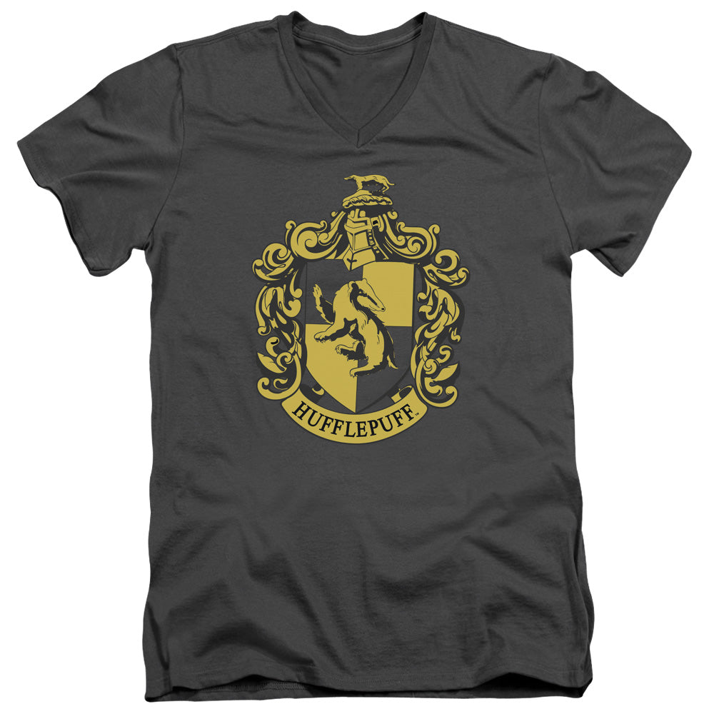 Harry Potter Hufflepuff Crest Mens Slim Fit V-Neck T Shirt Charcoal Officially Licensed