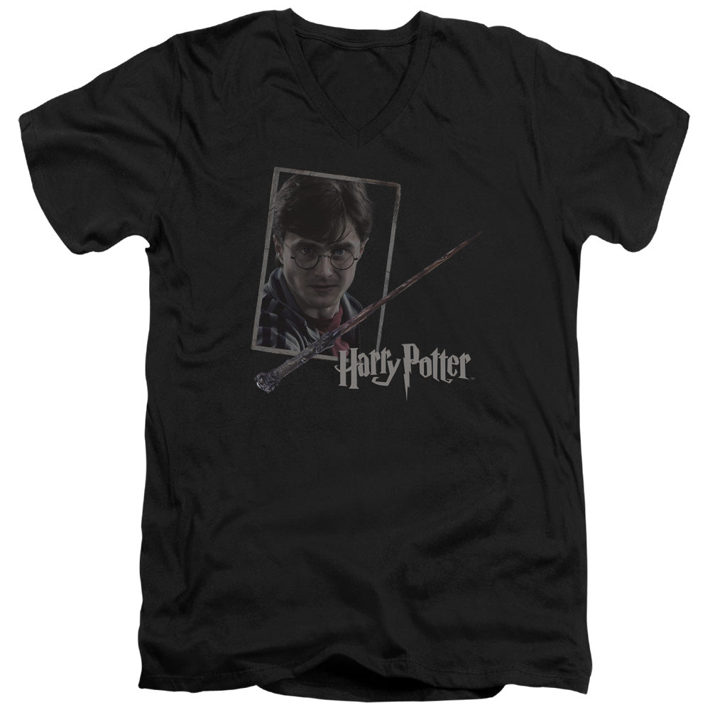 Harry Potter Harrys Wand Portrait Mens Slim Fit V-Neck T Shirt Black Officially Licensed