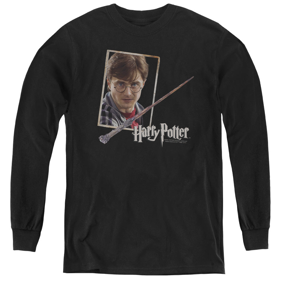 Harry Potter Harrys Wand Portrait Long Sleeve Kids Youth T Shirt Black Officially Licensed