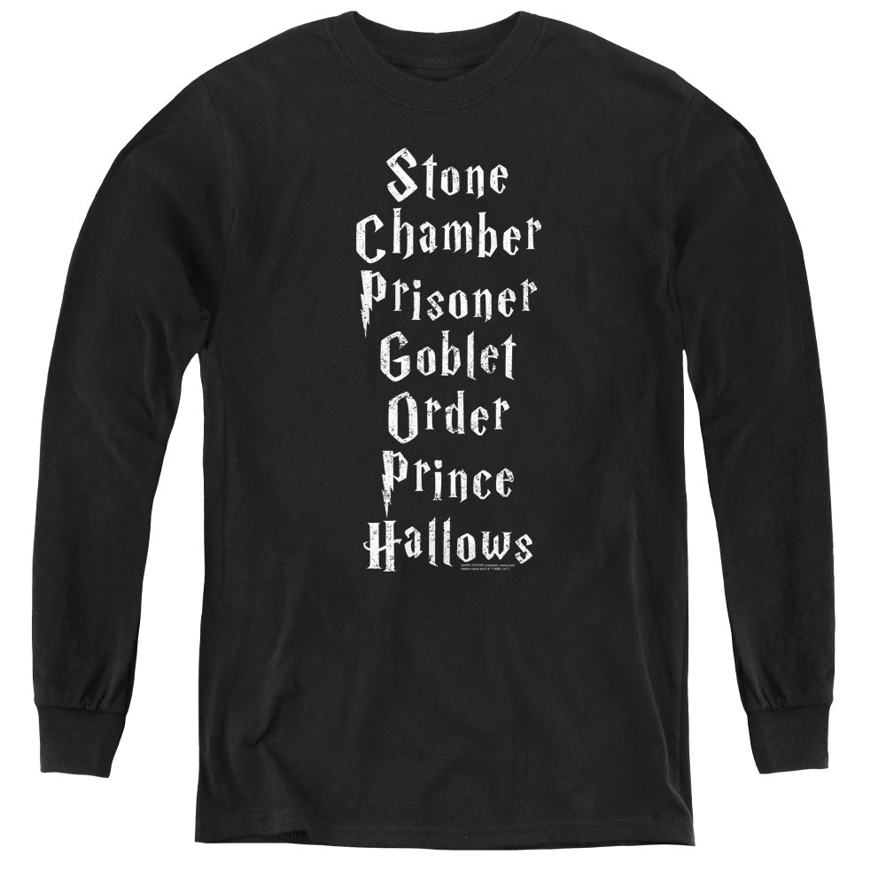 Harry Potter Titles Long Sleeve Kids Youth T Shirt Black Officially Licensed