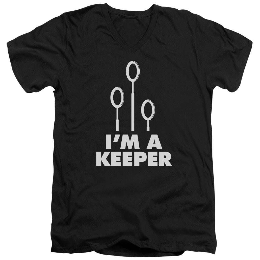 Harry Potter Keeper Mens Slim Fit V-Neck T Shirt Black Officially Licensed