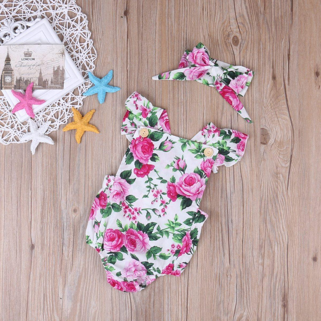 Baby Girls Summer Romper and Headband Jumpsuit Floral Sun suit Outfits 2 pieces With Bow In Modern Floral Design
