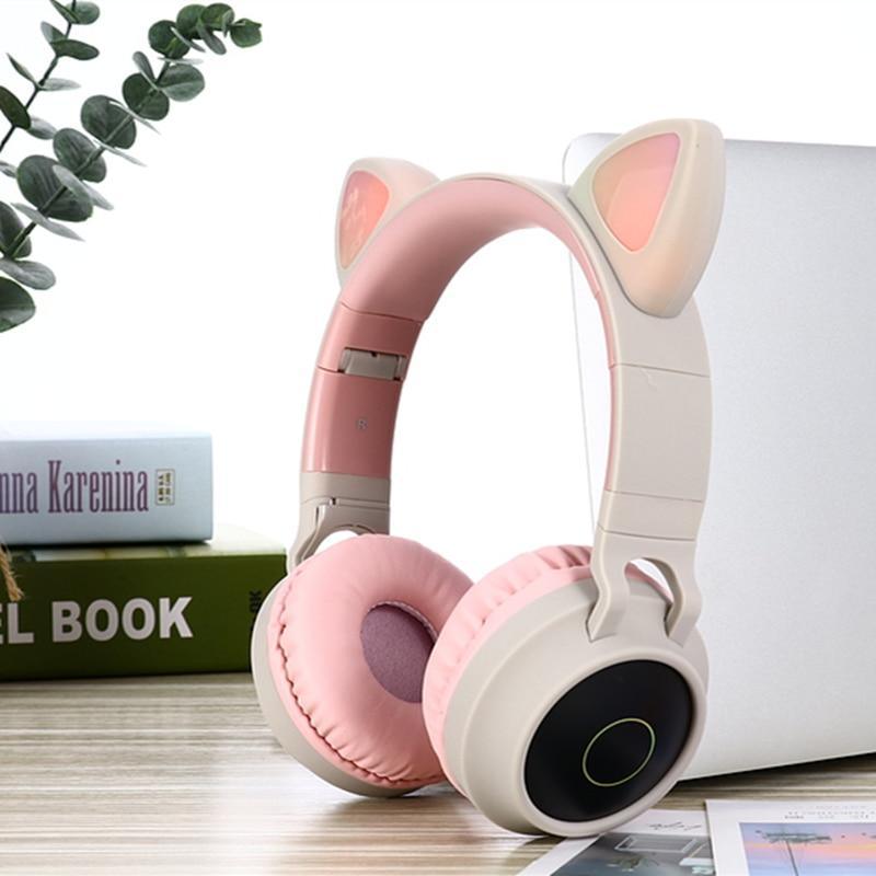 STEVVEX New Luxury Interesting LED Cat Ear Noise Cancelling Headphones Bluetooth 5.0  For Young People and  Kids Headset Support TF Card 3.5mm Plug With Mic