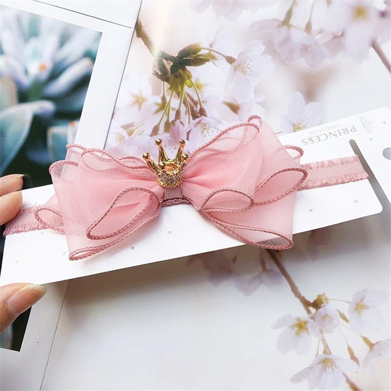 Luxury Modern Pearl Handmade Baby Girls Bowknot Crown Headband Lace Elastic Hair Band Bow For Girls Baby
