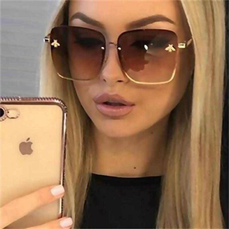 New Fashion Lady Oversize Rimless Square Bee Sunglasses For Women  With Small Bee Glasses Design Gradient Sunglasses With UV400