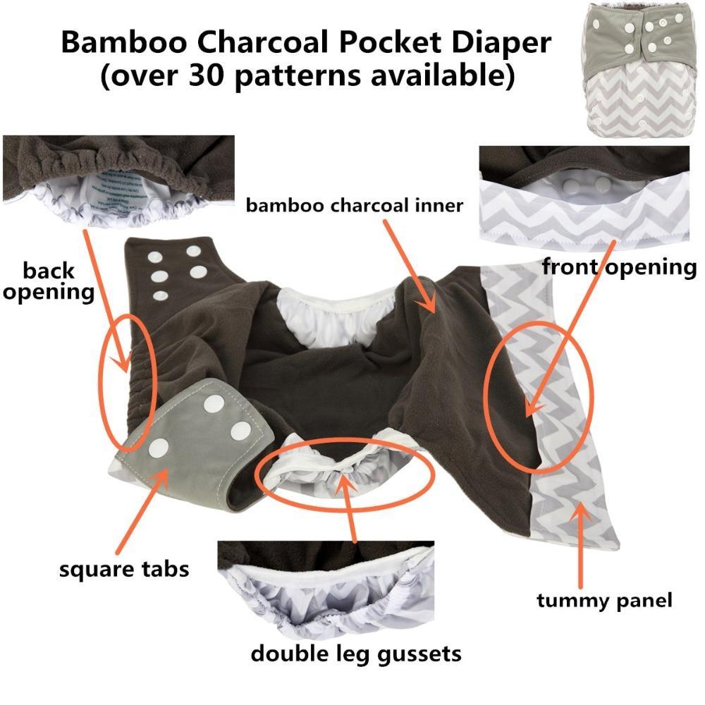 Luxury Charcoal Bamboo Baby Cloth Diaper Nappy Washable Reusable Double Gusset Square Tabs Nappies for Baby and Kids