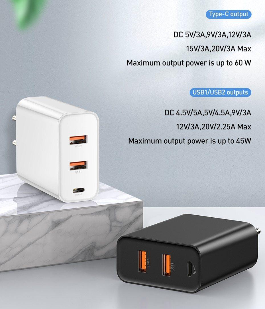 3 Ports USB Fast Charger 60W Support Quick Charge  Type-C PD Charger QC 4.0 3.0 Phone Charger