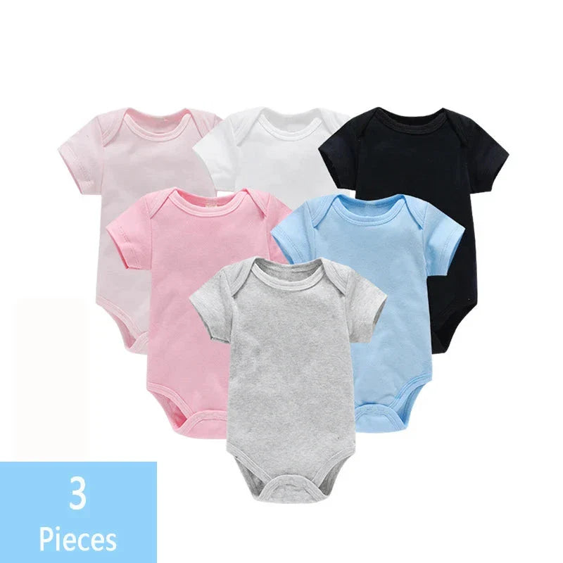 3PCS Baby Bodysuit Set (0–12M) – Soft Cotton Solid Color Summer Rompers for Boys & Girls