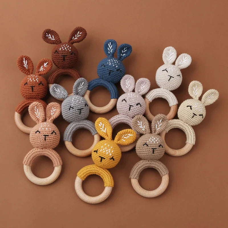 BPA Free Baby Wooden Teether Crochet Rattle Toy for Newborns