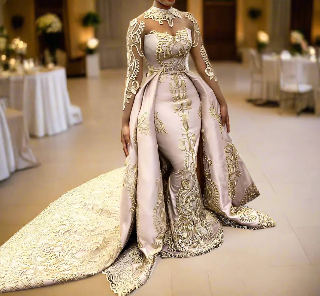 2 Piece Evening See Thru Long Sleeved Gold Lace Mermaid Formal Gown Dress - Customized