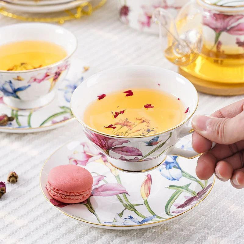 Floral Gold Fine Bone China Porcelain Tableware Coffee & Tea Set Cups and Saucers