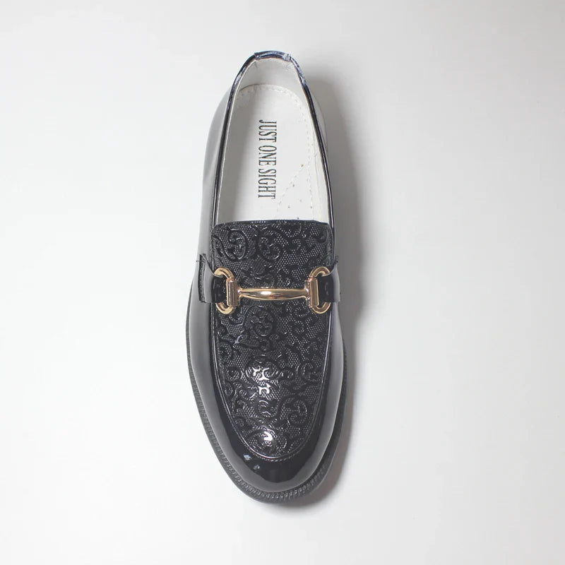 Boys Formal Shoes Black Patent Leather Slip On Round Toes