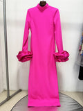 Elegant Pink High Neck Women Maxi Dress Spring Long Ruffle Sleeve Plus Size