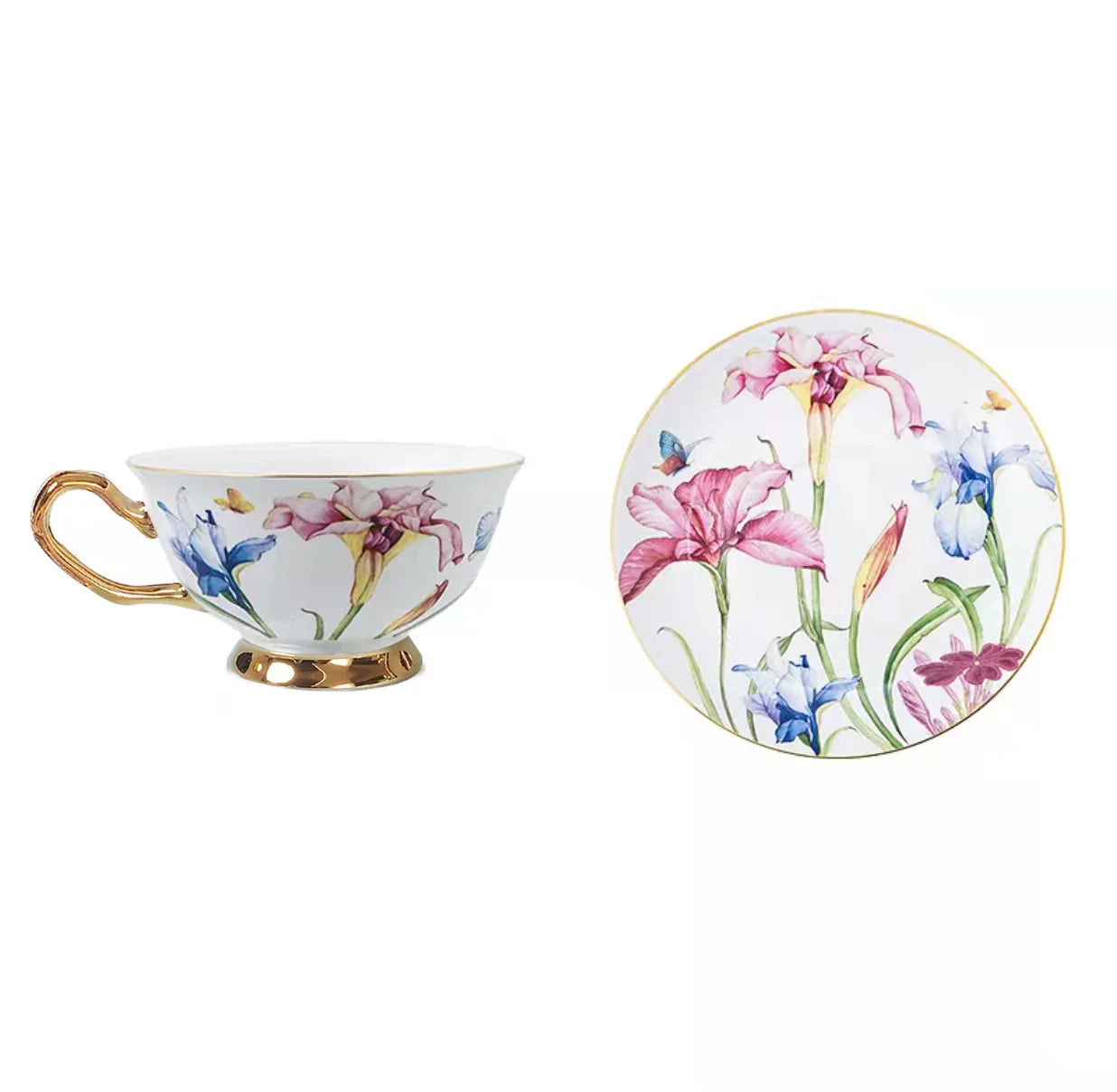 Floral Gold Fine Bone China Porcelain Tableware Coffee & Tea Set Cups and Saucers