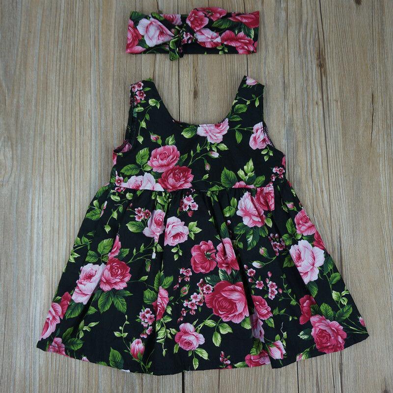 Modern Elegant Baby Girls Kids Summer Floral Dress Princess Party Sleeveless Dresses Headband 2pcs 0-4Y For Party In Flowers Modern Design With Bow