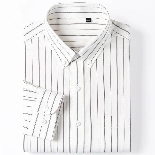 England Style Soft 100% Cotton Fashion Shirts Single Patch Pocket Long Sleeve Standard-fit Button-down Man Casual Striped Shirt