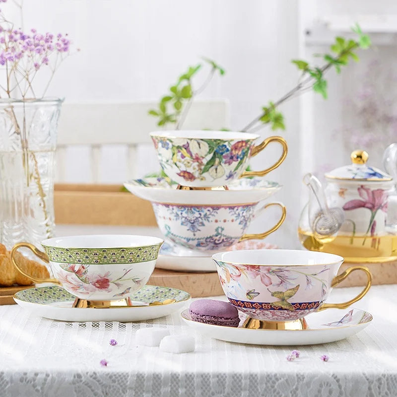 Floral Gold Fine Bone China Porcelain Tableware Coffee & Tea Set Cups and Saucers