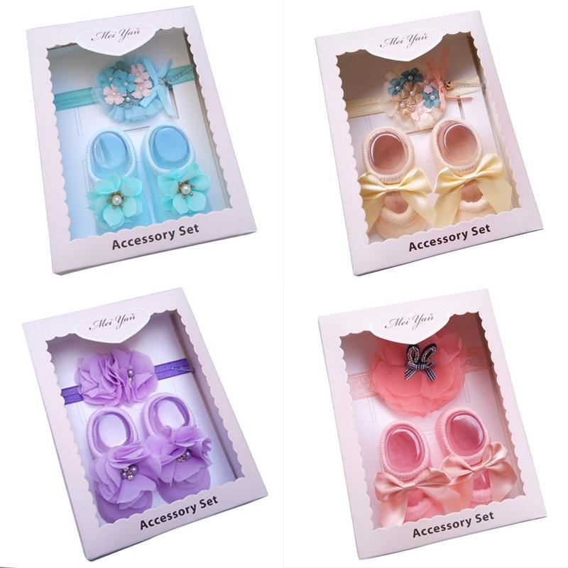 Baby Newborn Solid Color Lace Baby Bowknot Socks & Princess Cute Baby Socks Hair Band Set FOr Girls Baby In Modern Design