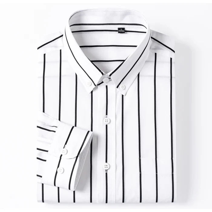 England Style Soft 100% Cotton Fashion Shirts Single Patch Pocket Long Sleeve Standard-fit Button-down Man Casual Striped Shirt