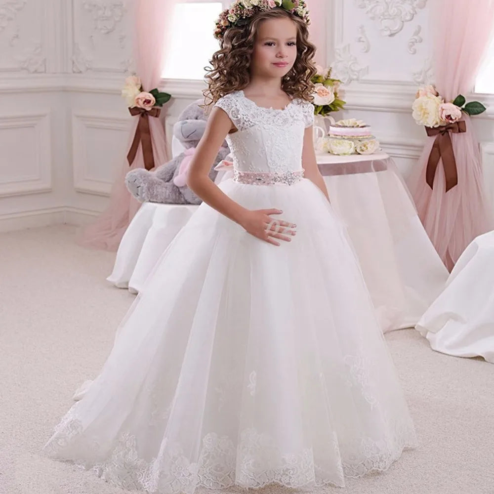Flower Girl Dress for Wedding or Communion See Through Beaded Puffy