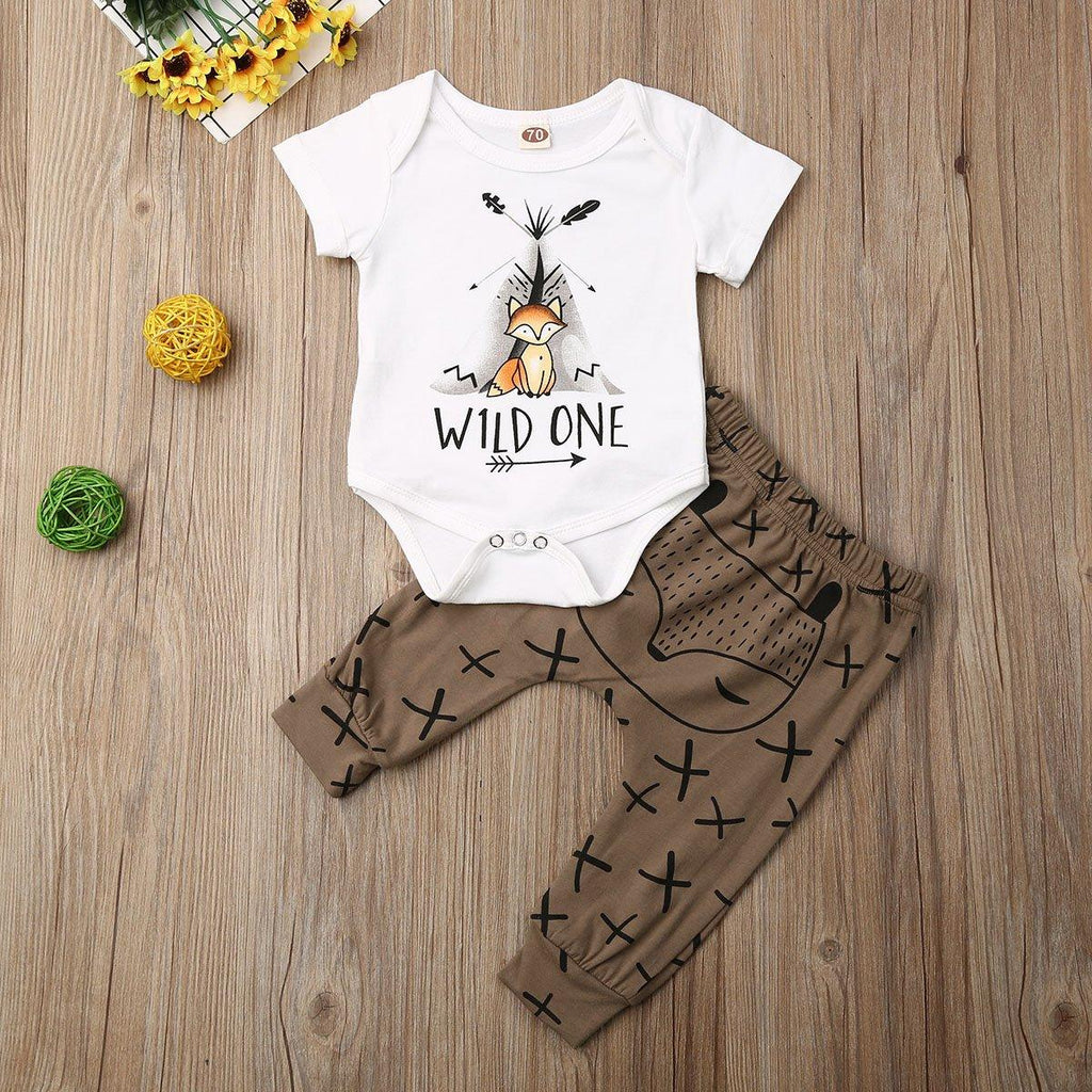 Summer Newborn Baby Clothes Cartoon Print Short Sleeve Romper Tops Long Pants Outfits