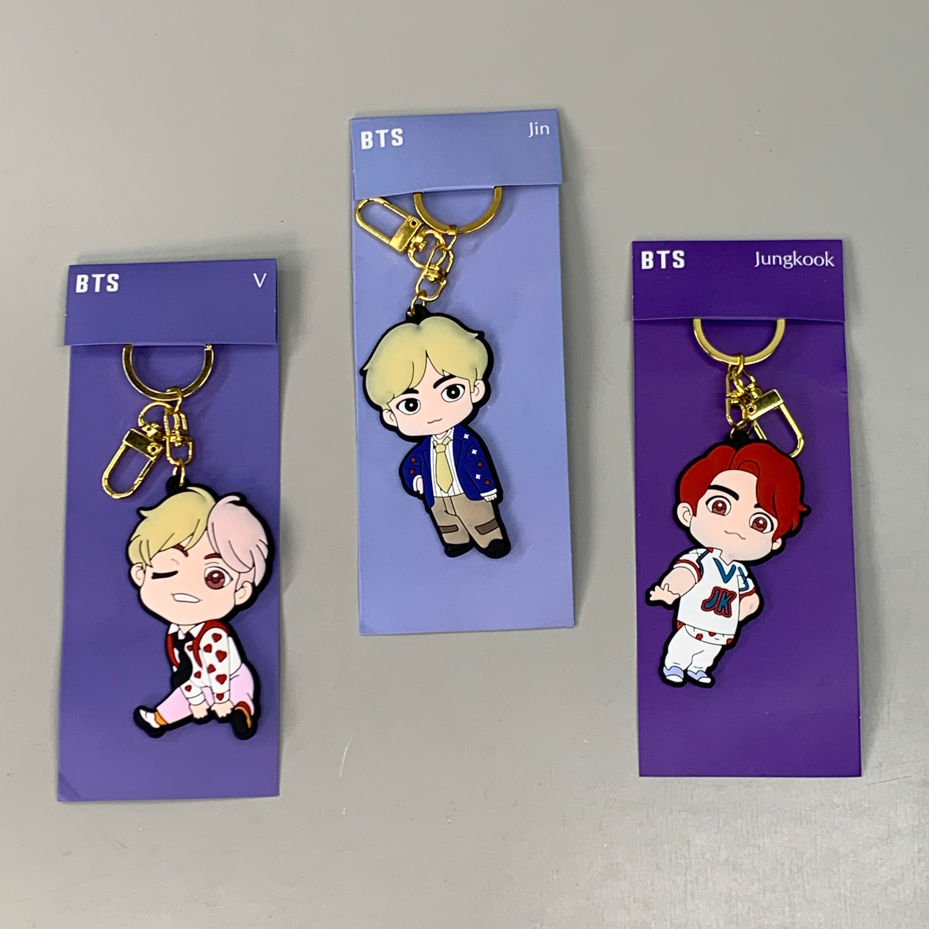 BTS 3-PACK! Kpop Korean Tag Keychain Figures of BTS Members V, Jungkook & Jin (New)