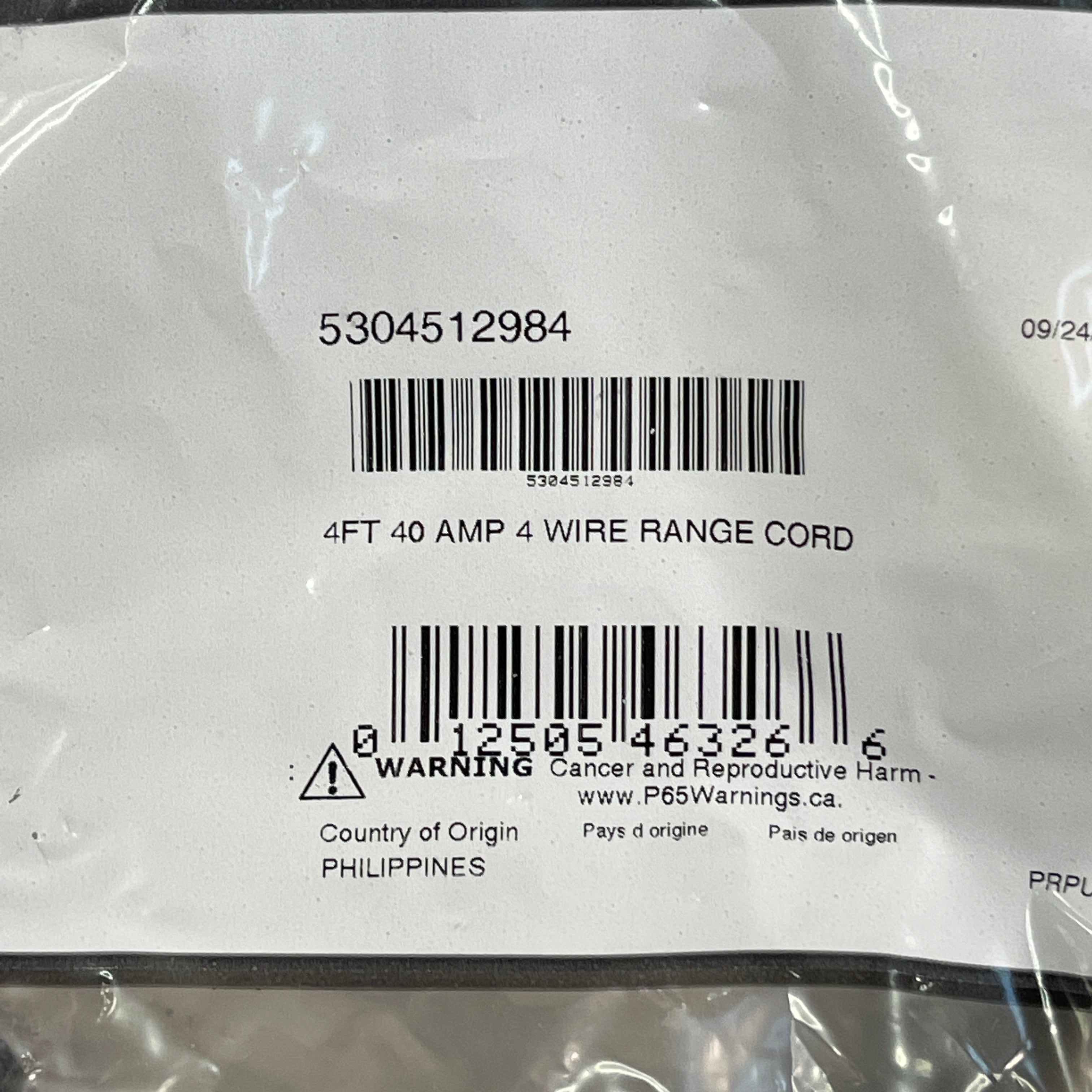 ELECTROLUX Smart Choice 40 AMP 4-Wire Range Black Plug Cord (4 ft) 5304512984 (New)