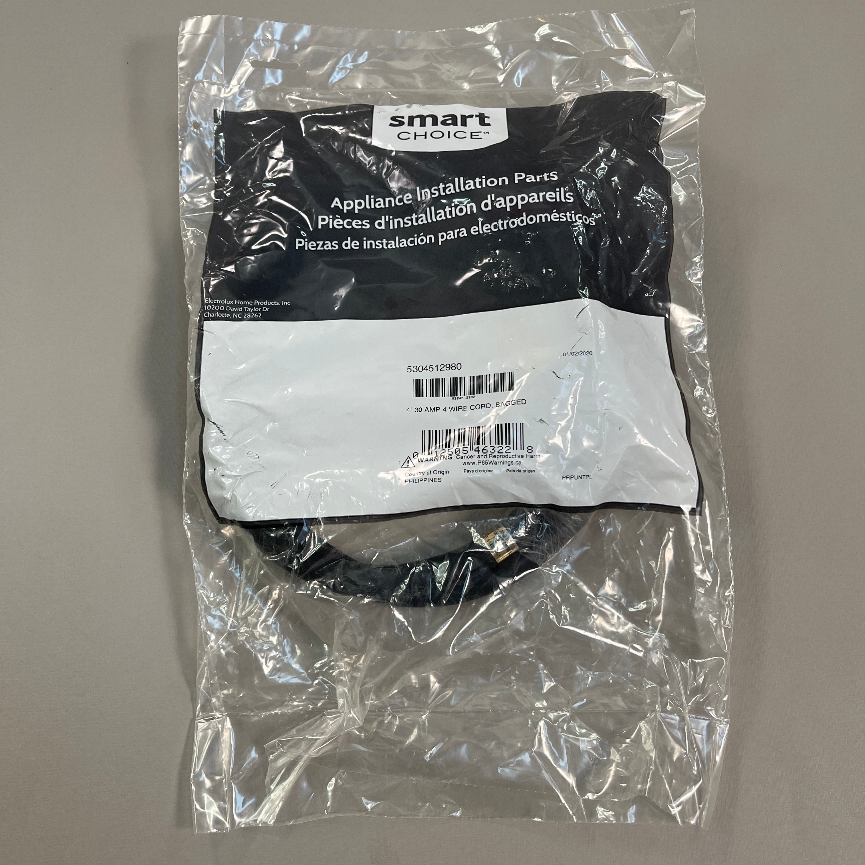 ELECTROLUX Smart Choice 4 ft 30 AMP 4 Wire Dryer Black Plug Cord 5304512980 (New)