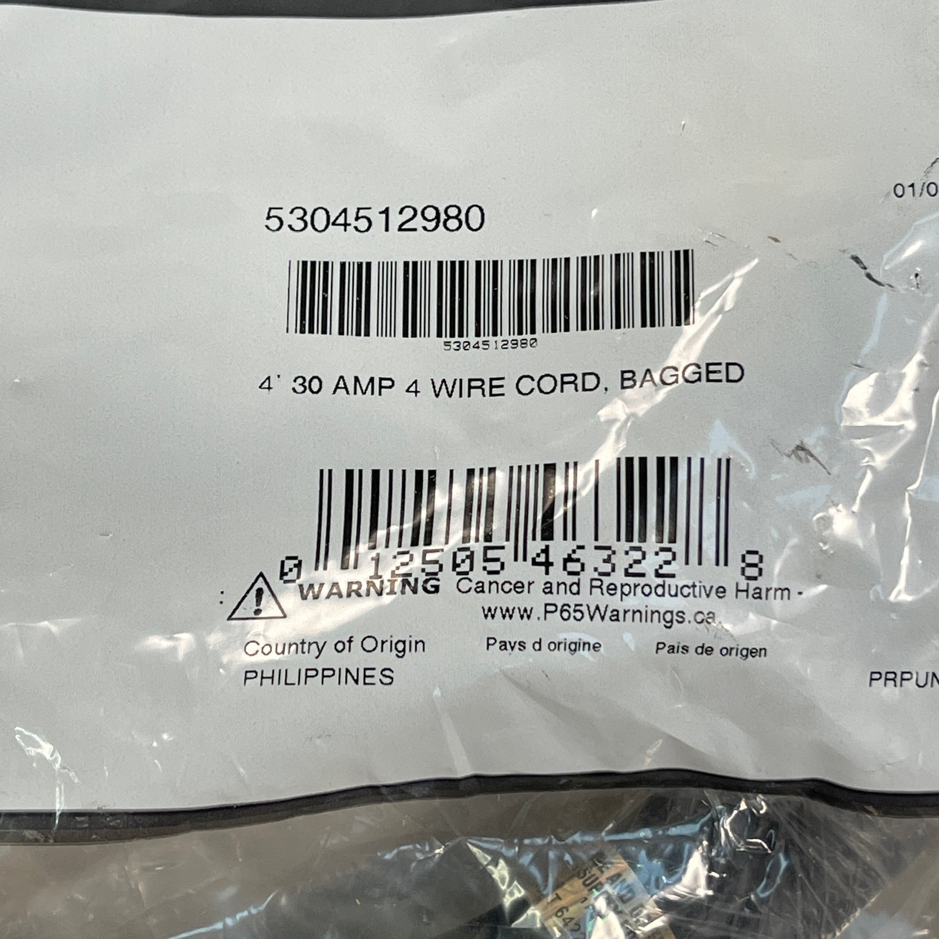 ELECTROLUX Smart Choice 4 ft 30 AMP 4 Wire Dryer Black Plug Cord 5304512980 (New)
