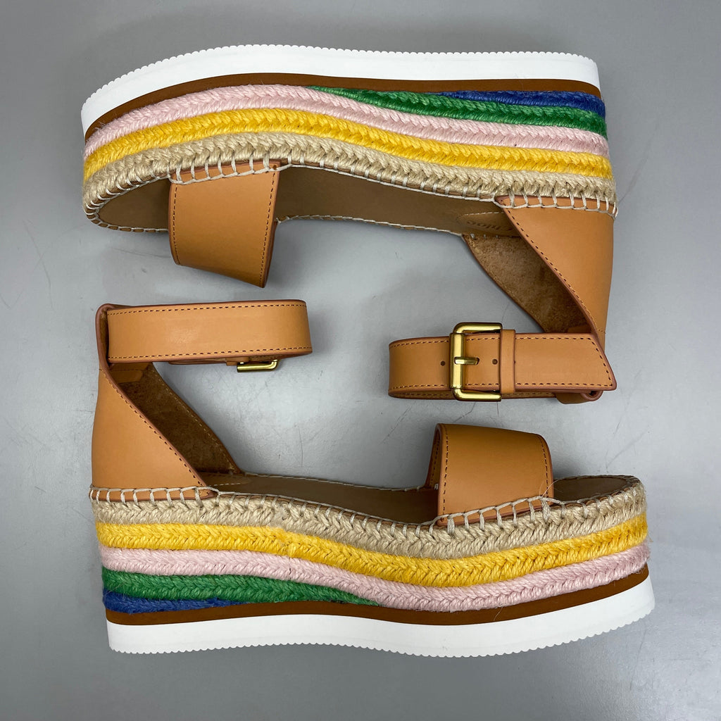 SEE BY CHLOÉ Glyn Espadrille Platform Ankle-Strap Sandals Multicolor Women's Sz 9 EU 39 SB32201D (New)