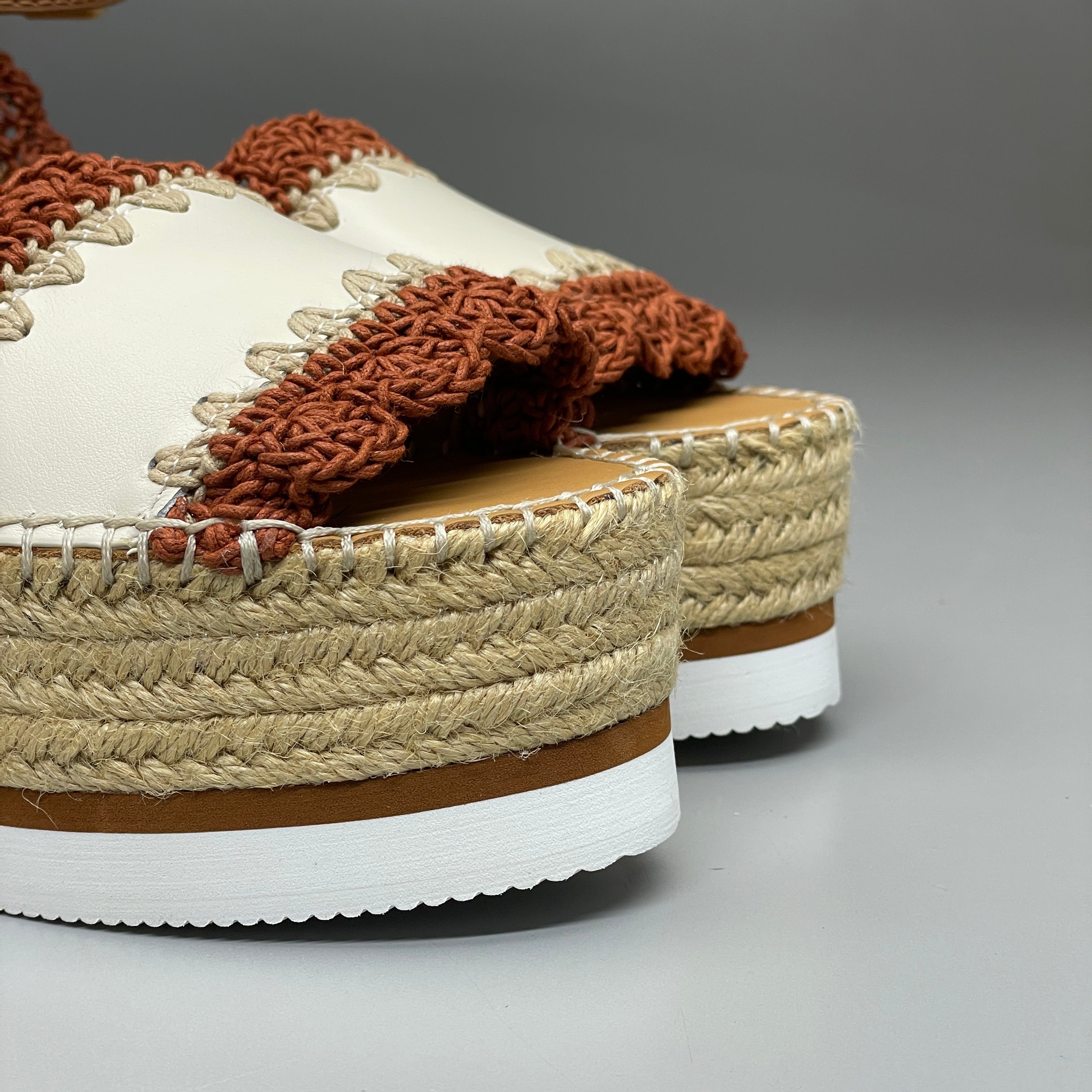 SEE BY CHLOÉ Glyn Espadrille Crocheted Edge Ankle-Strap Sandals Tan/Red Women's Sz 9 EU 39 SB38151A (New)