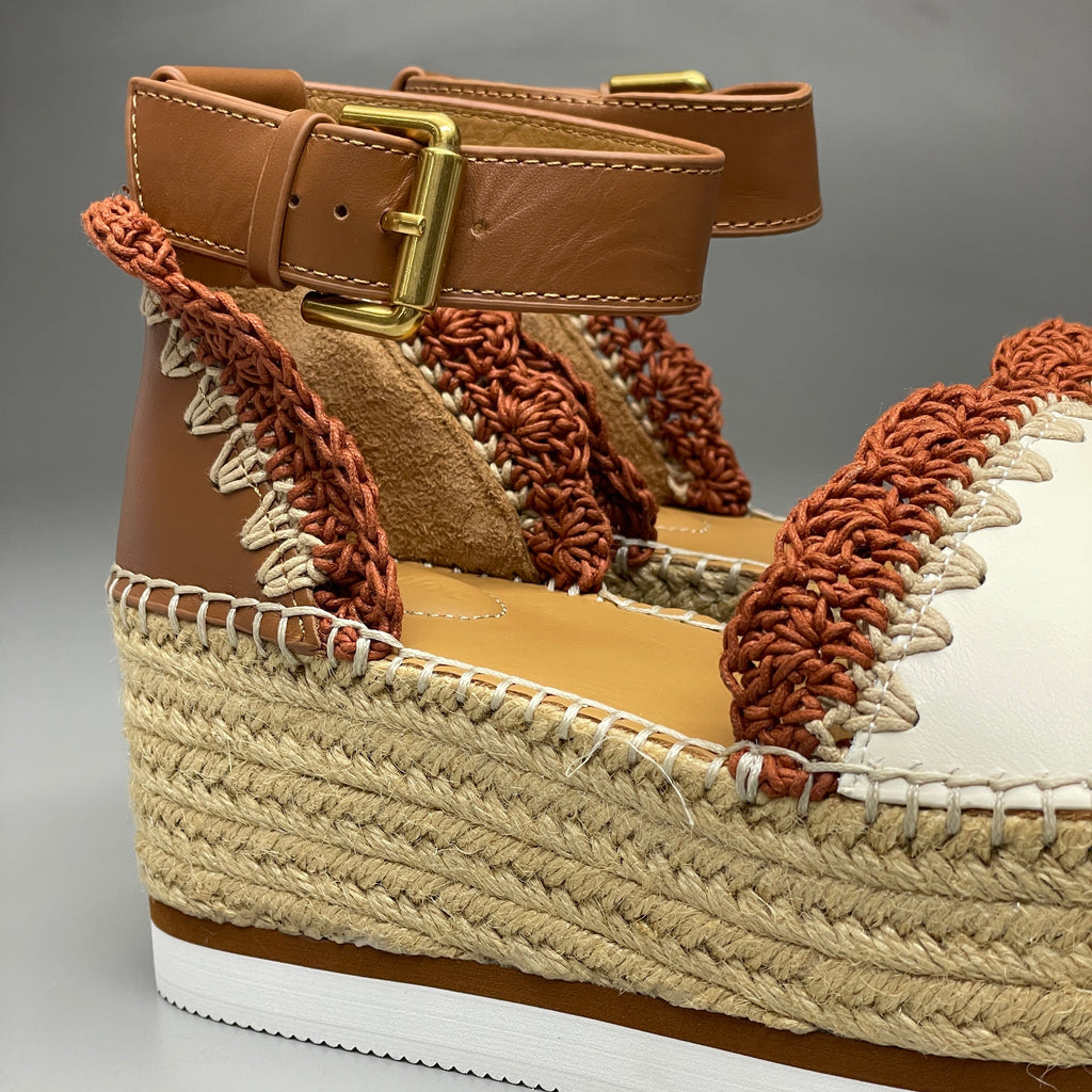 SEE BY CHLOÉ Glyn Espadrille Crocheted Edge Ankle-Strap Sandals Tan/Red Women's Sz 9 EU 39 SB38151A (New)