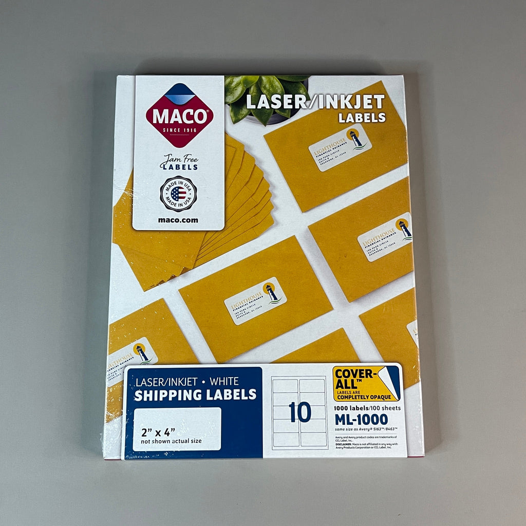 Z@ MACO Laser / Ink Jet White Shipping Labels 2" x 4” 1000 Labels (100 sheets) ML-1000